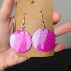 Pink White Boho Marble Handmade Clay Circle Round Statement Dangle Drop Earring